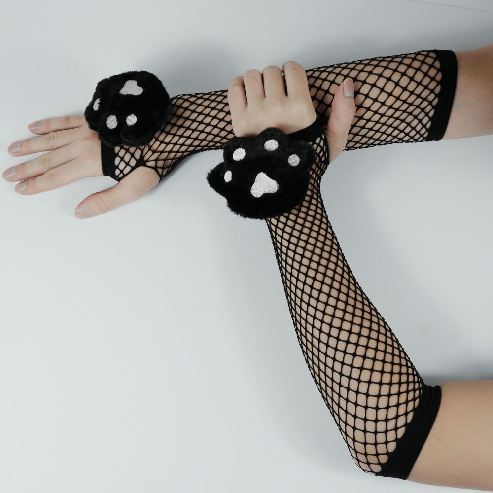 person wear a  black cat paw plushie fishnet fingerless gloves