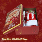 Open Christmas gift box with Santa Claus design and a red and white striped item on a red background with snowflakes.