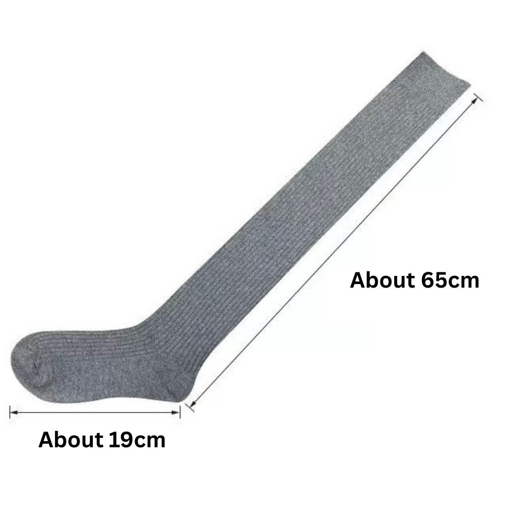 Gray thigh-high sock with measurements on a white background