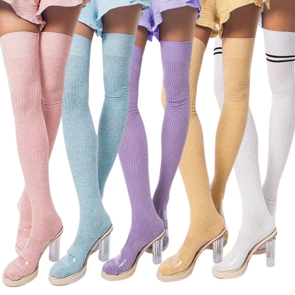Colorful thigh-high socks with clear heels on a white background