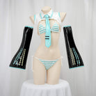 Mannequin wearing a turquoise and white striped cosplay anime lingerie set on a white background