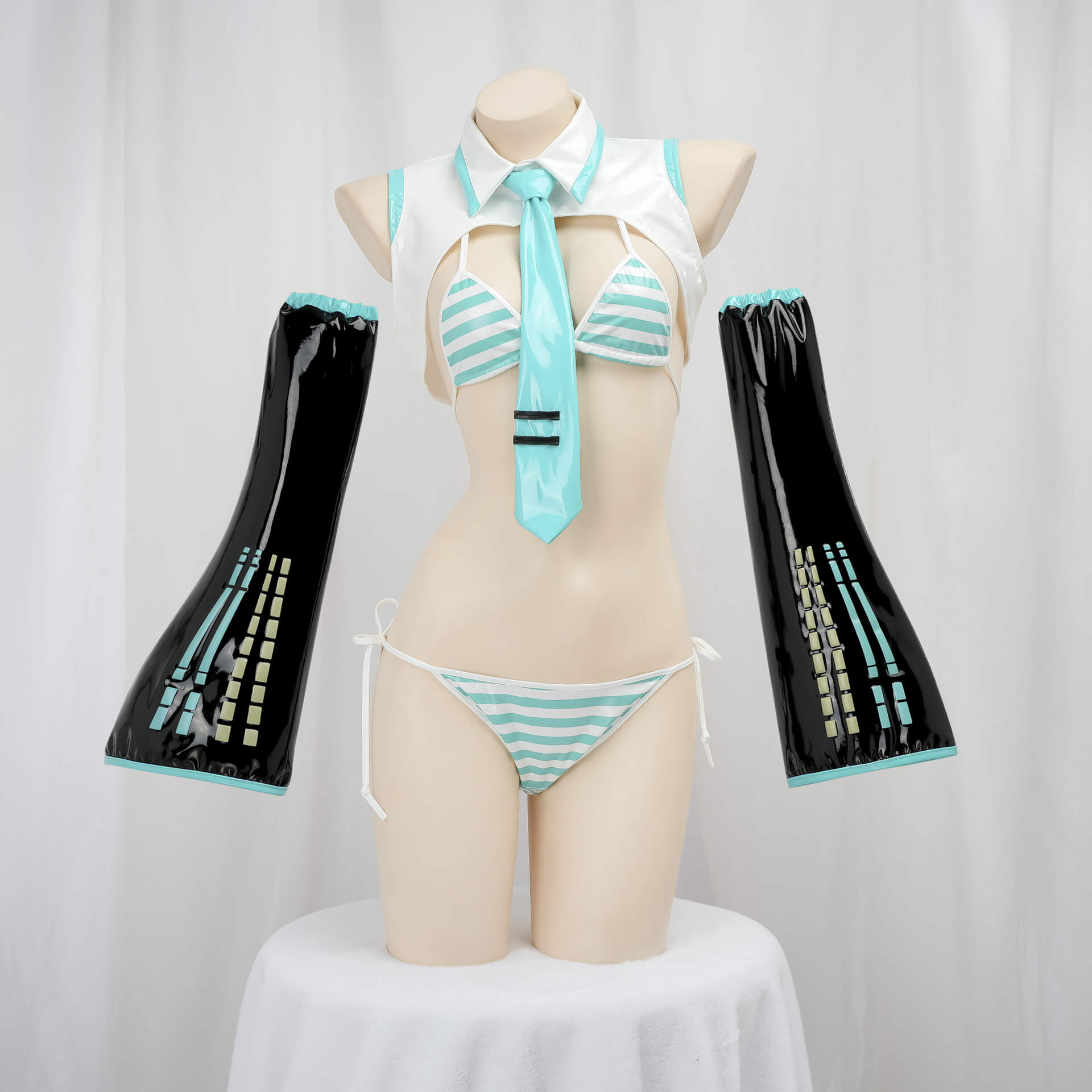 Mannequin wearing a turquoise and white striped cosplay anime lingerie set on a white background