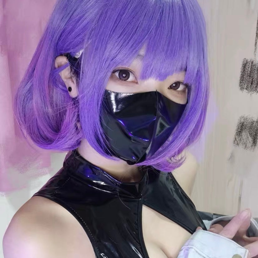 Cosplay femboy wear black latex face mask