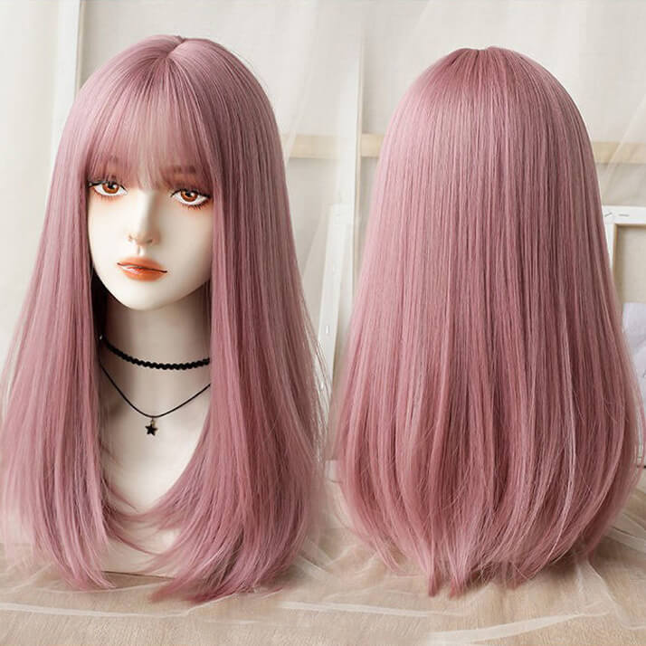 Femboy Pink Long Straight Wig With Bangs - Femboy Fashion