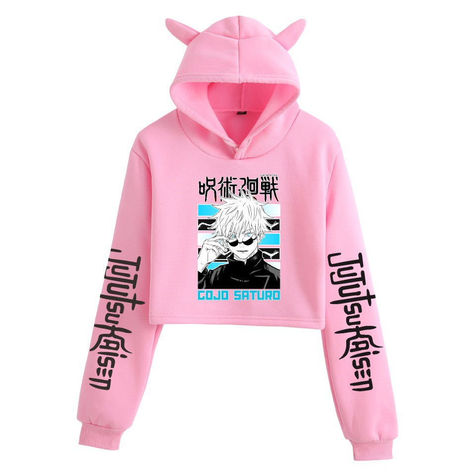 Anime Crop Hoodie With Cat Ears - Pink - Femboy Fashion