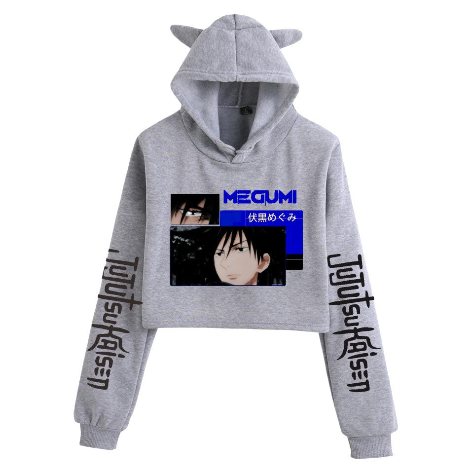 Anime Crop Hoodie With Cat Ears - Gray - Femboy Fashion