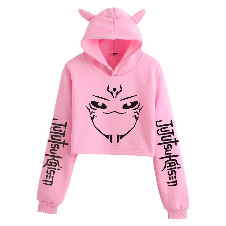 Anime Crop Hoodie With Cat Ears - Pink - Femboy Fashion