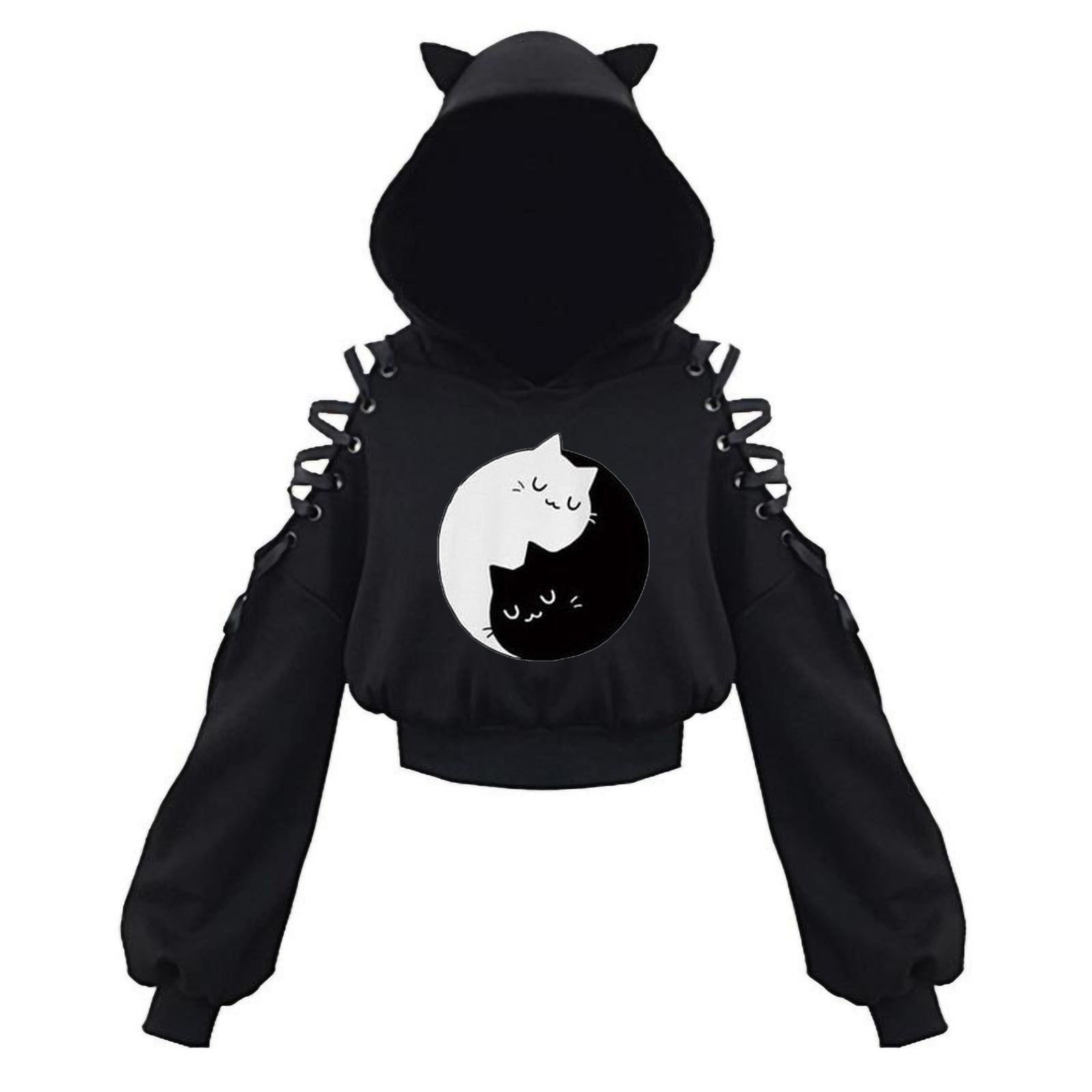 Black Cat Crop Hoodie With Ears - Femboy Fashion