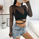 Black Fishnet Crop Top Long Sleeve - Femboy Fashion