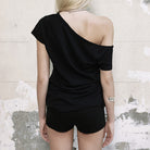 Cotton black printed off the shoulder t shirt on back