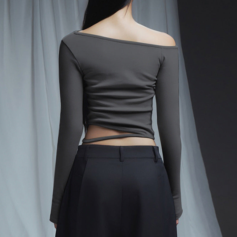 Dark Gray Off Shoulder Hollow Out Crop Top - Femboy Fashion