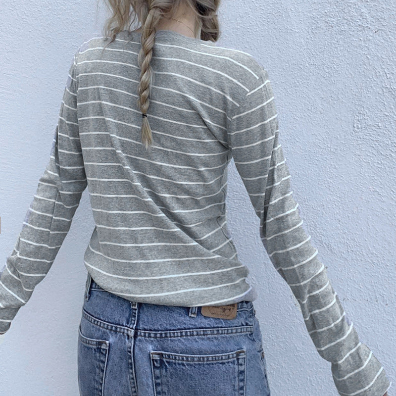 Gray And White Striped T-Shirt Long Sleeve - Femboy Fashion