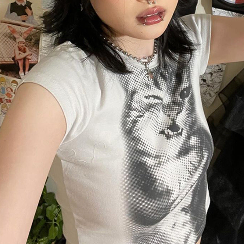 White Cute Cat Printed T-Shirt - Femboy Fashion