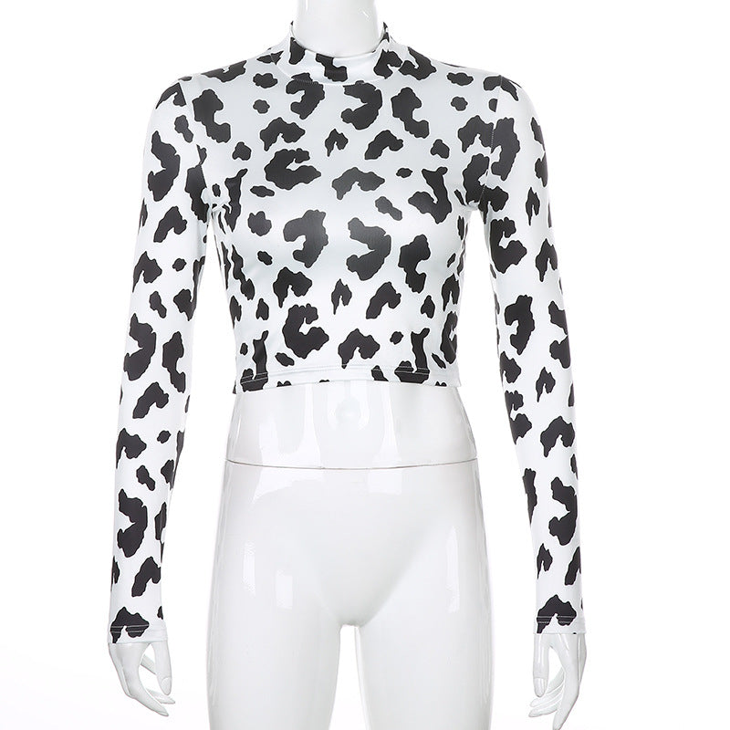 Cow print long sleeve crop top front