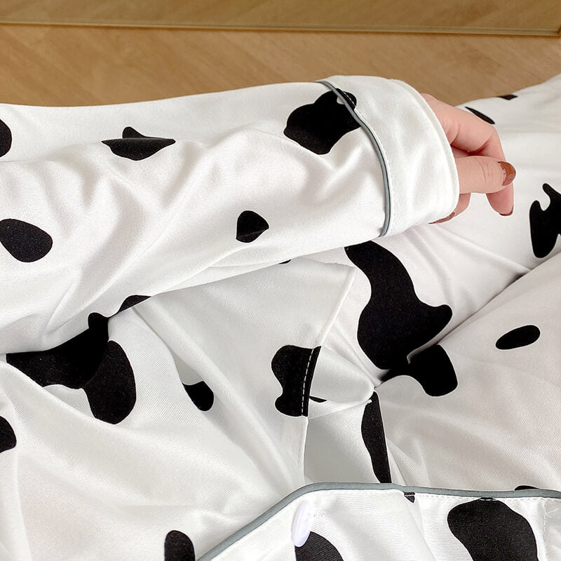 Cow print long sleeve top and pants pajama detail