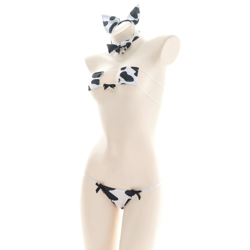 Black and white cow print micro bikini set side