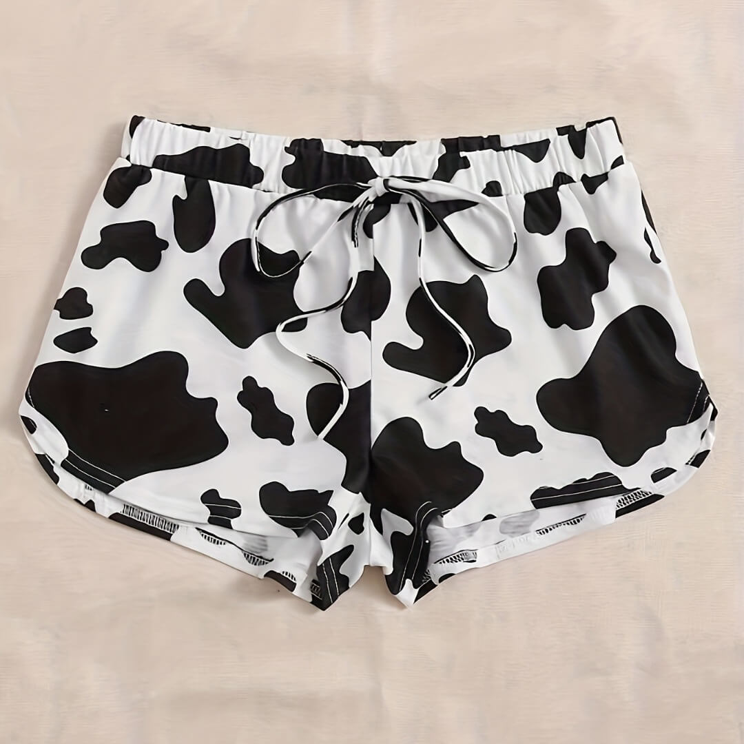 Cow print pajama shorts front