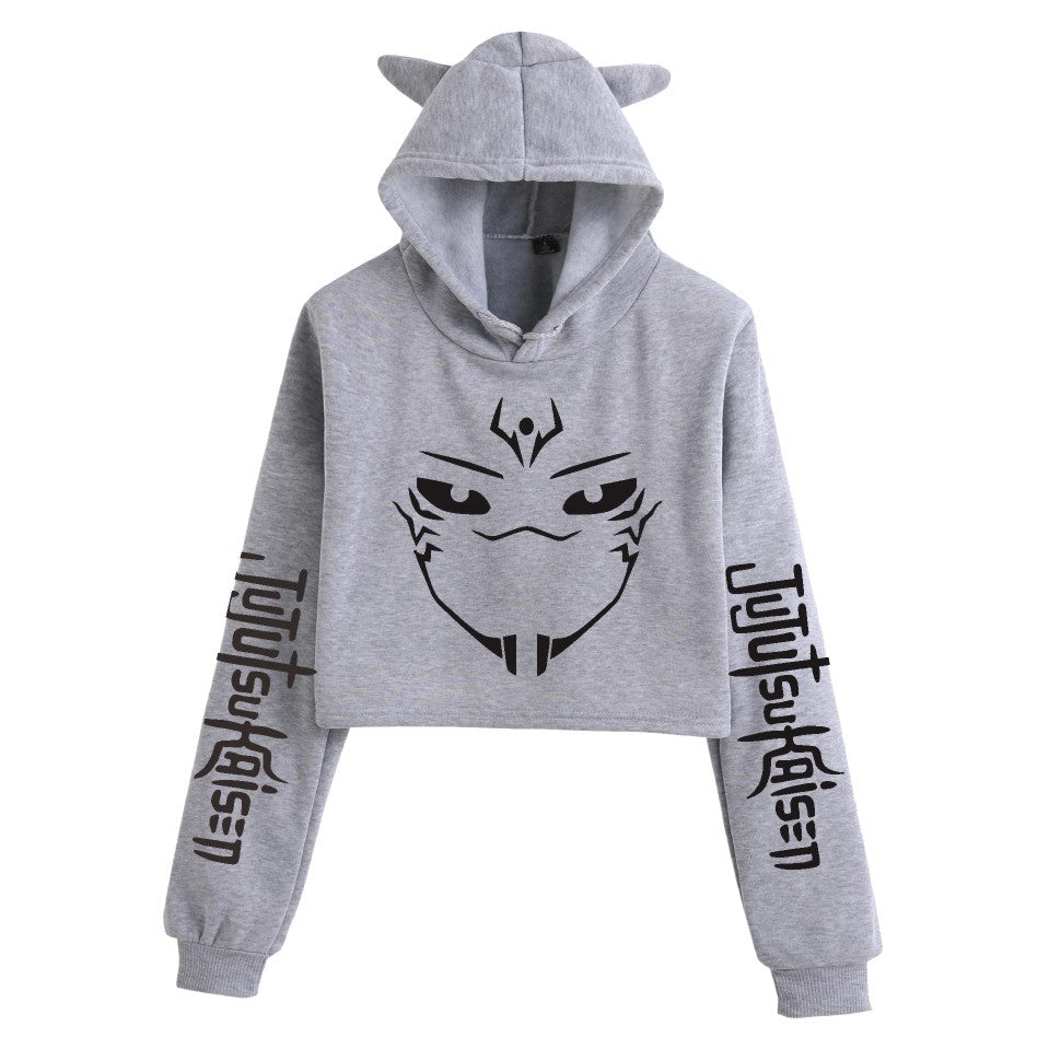 Anime Crop Hoodie With Cat Ears - Gray - Femboy Fashion