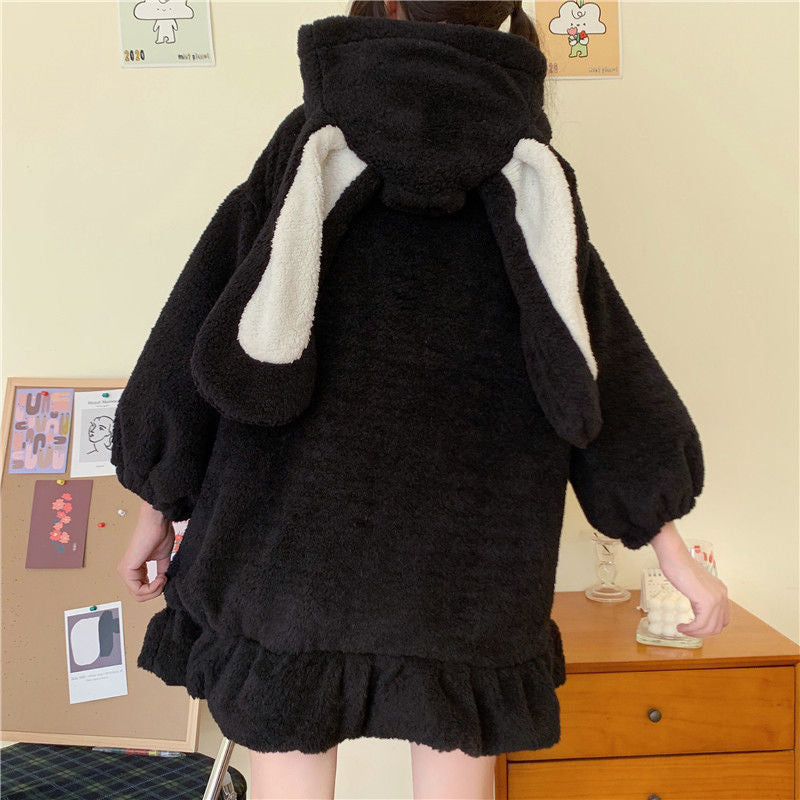 Black Cute Bunny Zip Hoodie With Ears - Femboy Fashion