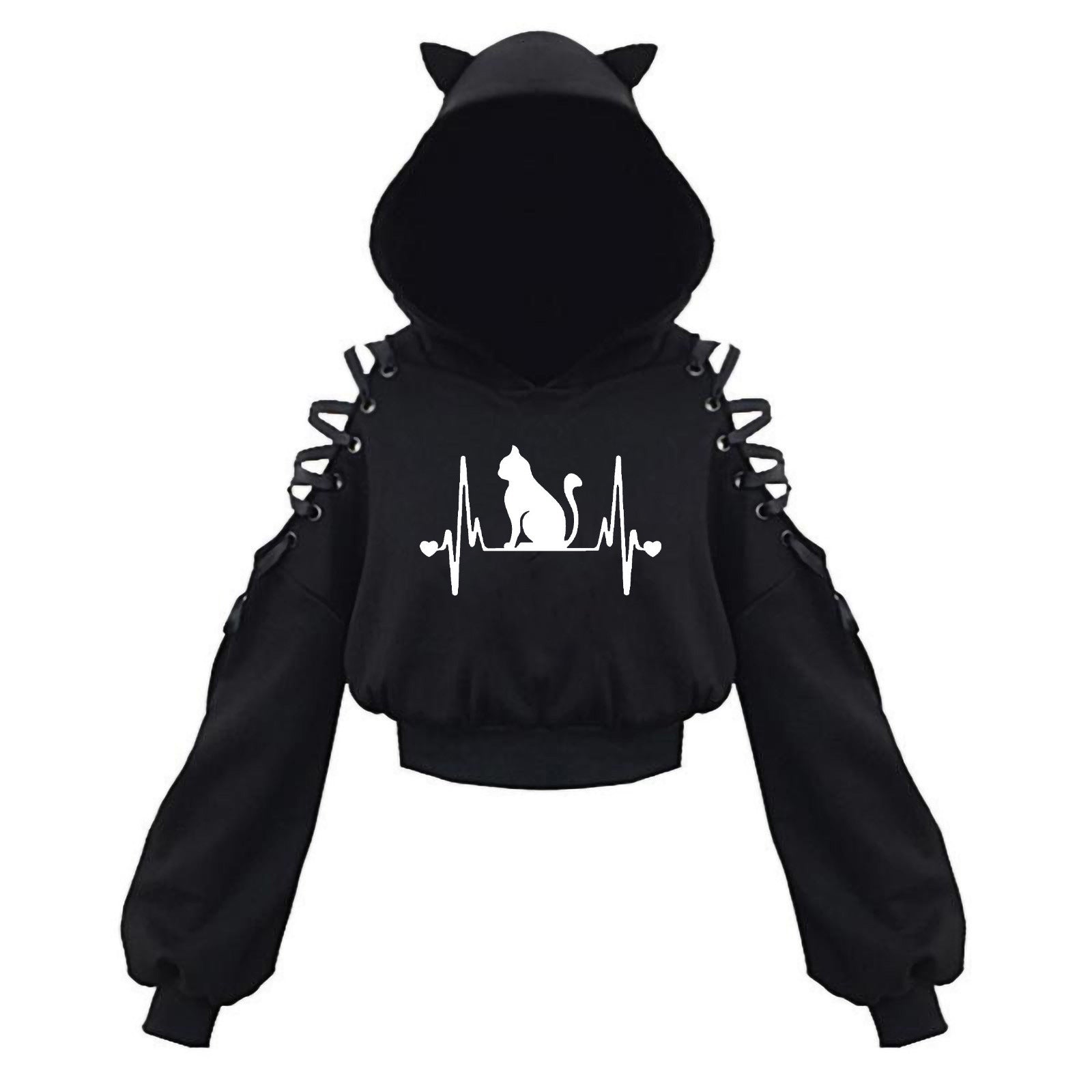 Black Cat Crop Hoodie With Ears - Femboy Fashion