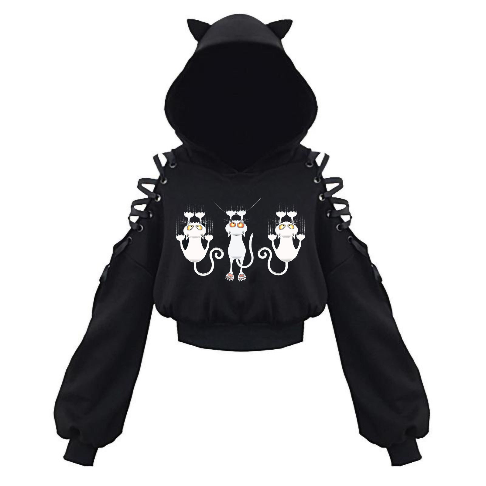 Black Cat Crop Hoodie With Ears - Femboy Fashion