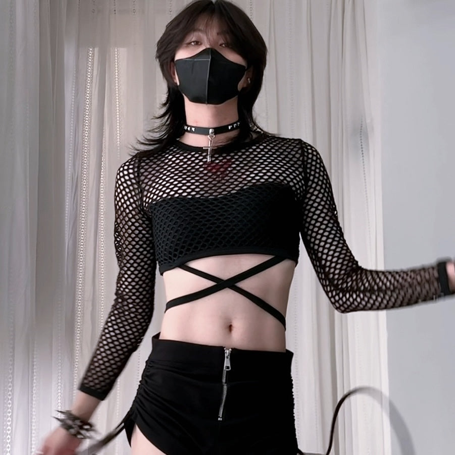 Black Fishnet Crop Top Long Sleeve - Femboy Fashion
