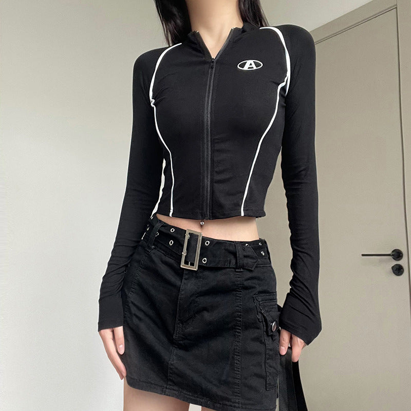 Femboy in Black T-shirt With Zipper Long Sleeve - Femboy Fashion