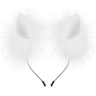 White faux fur cat ears headband with black elastic bands, shown against a plain white background.