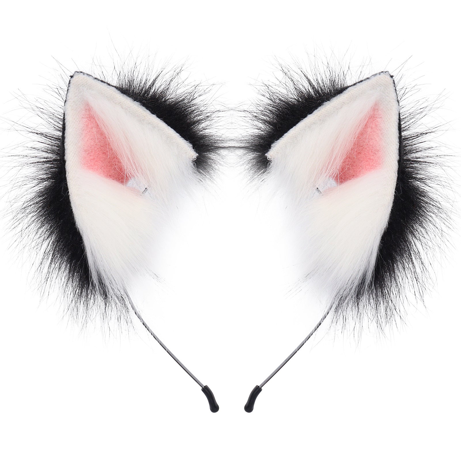 Pair of white cat ears with black fur and pink inner lining on a white background