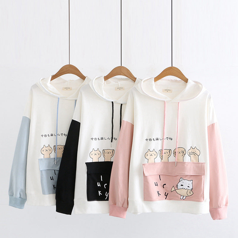 Cute Cat Eat Fish Hoodie - Femboy Fashion