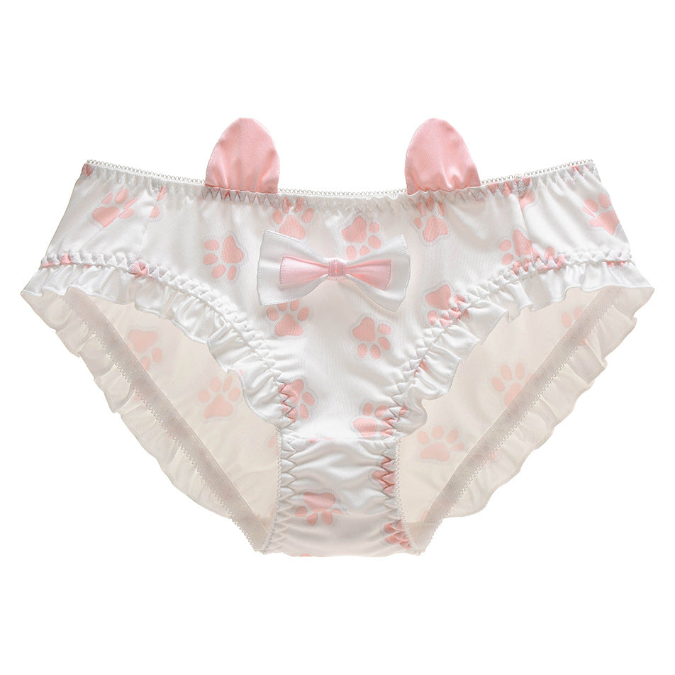 Pink Cute Cat Paw Print Panties With Ears - Femboy Fashion