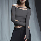 Dark Gray Off Shoulder Hollow Out Crop Top - Femboy Fashion