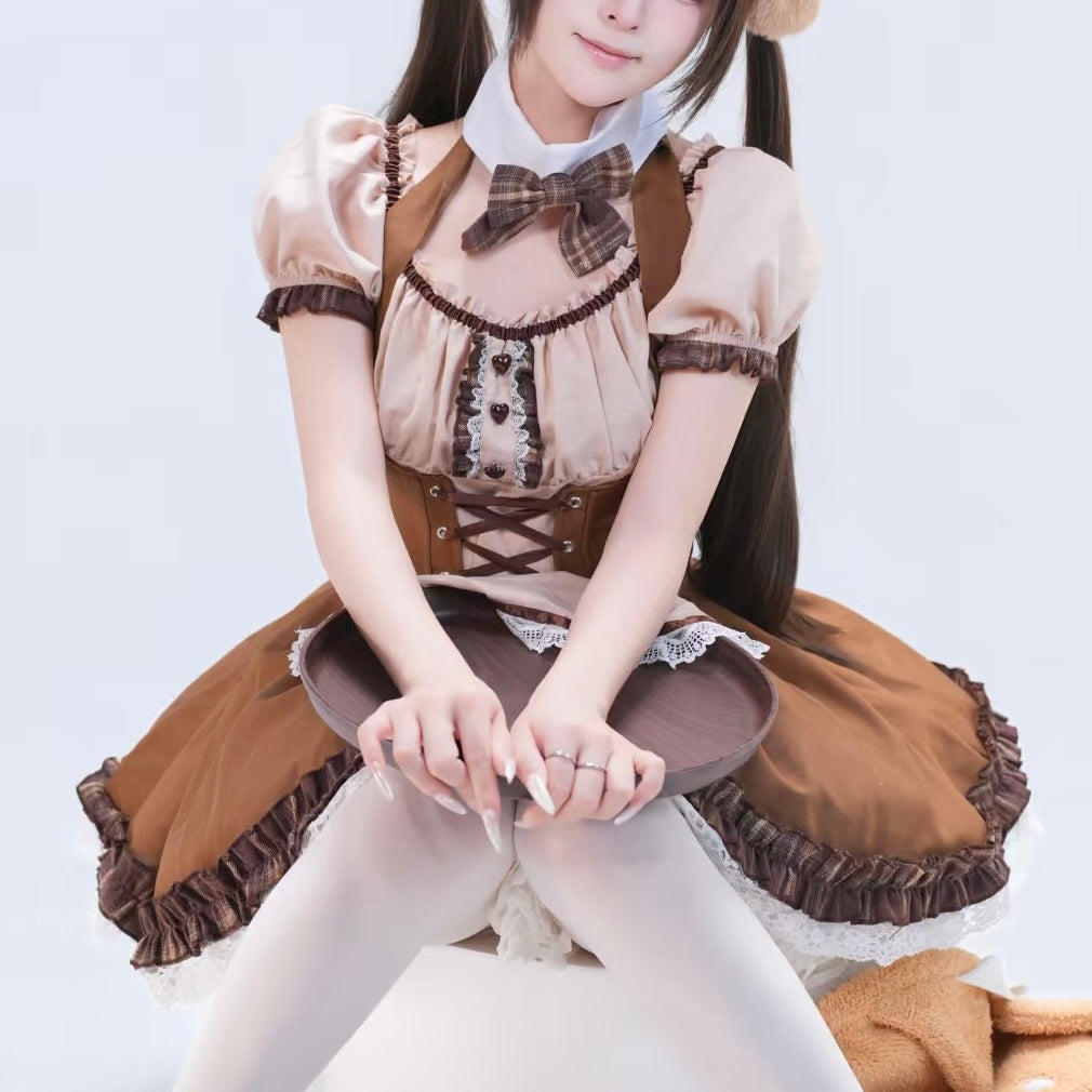 Femboy wearing a brown and beige maid outfit with a white background