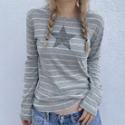 Gray And White Striped T-Shirt Long Sleeve - Femboy Fashion