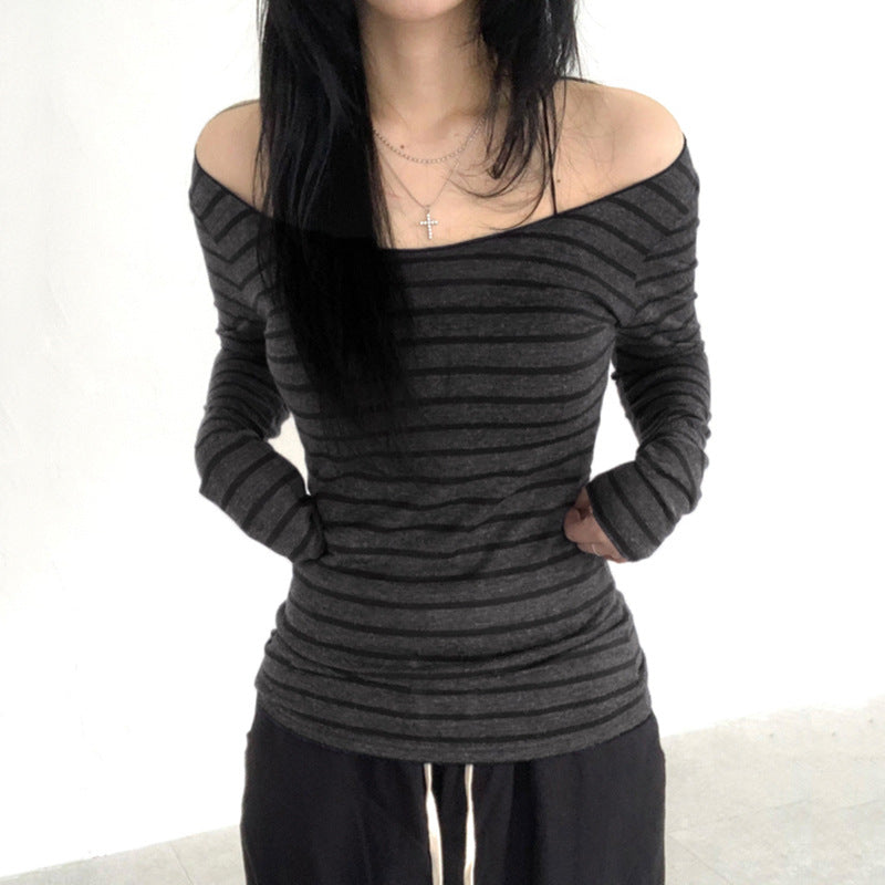 Femboy in Black And Grey Off Shoulder Striped T-Shirt Long Sleeve - Femboy Fashion