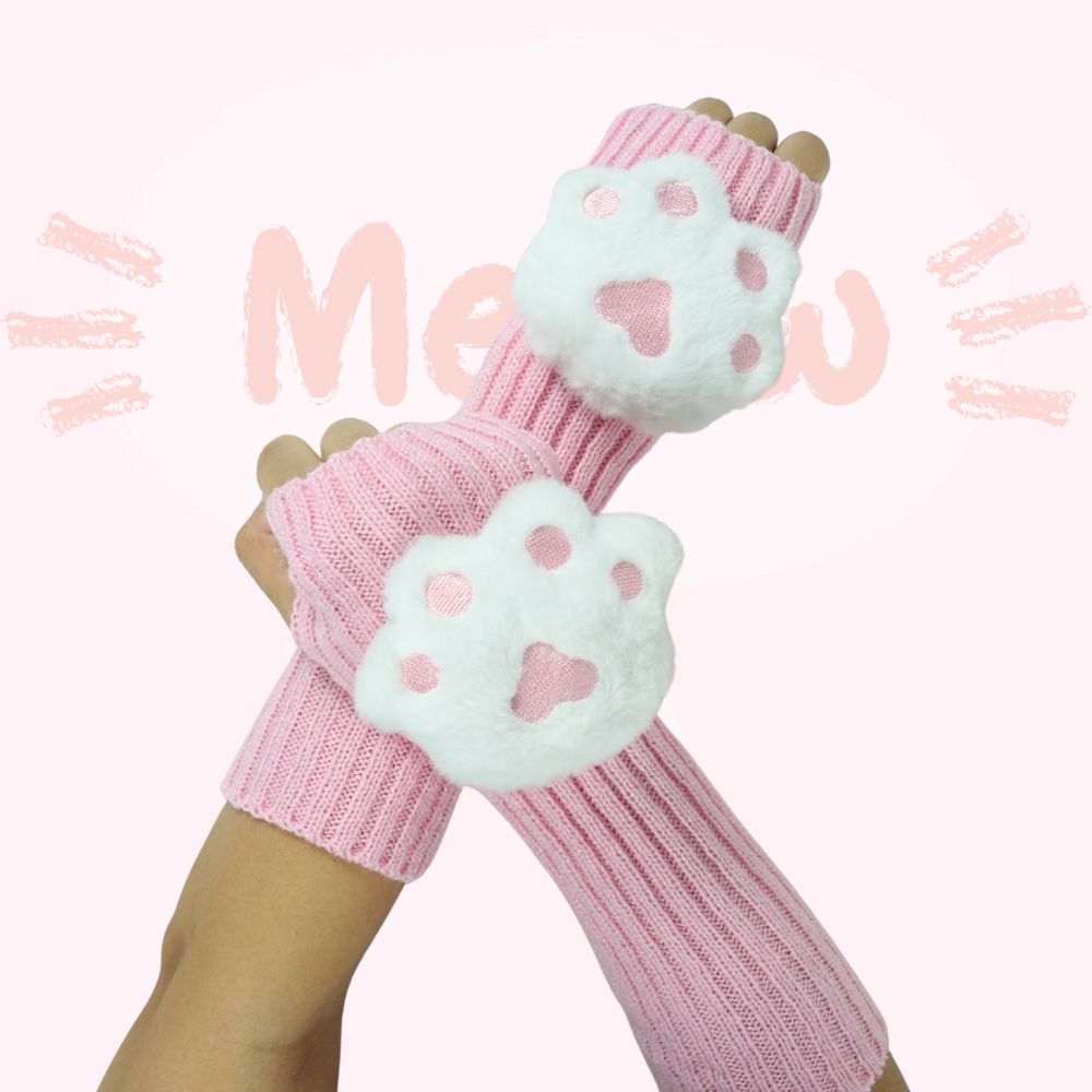 Pink cat paw plushie arm warmer on a white background