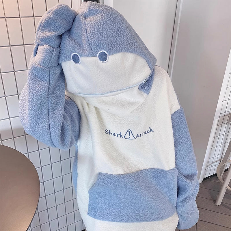 Blue And White Cute Shark Hoodie - Femboy Fashion