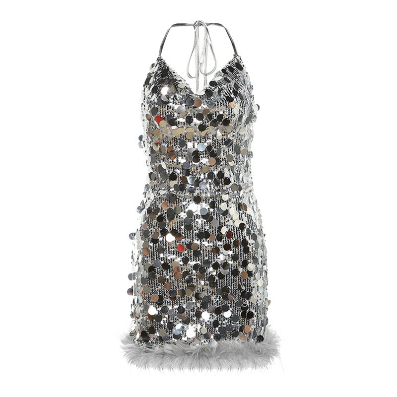 Cute silver sequin backless mini dress femboy fashion