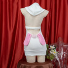 Mannequin wearing a white cute sleeveless bunny lingerie with a red curtain background