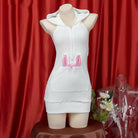 White cute sleeveless bunny lingerie in a red curtain background