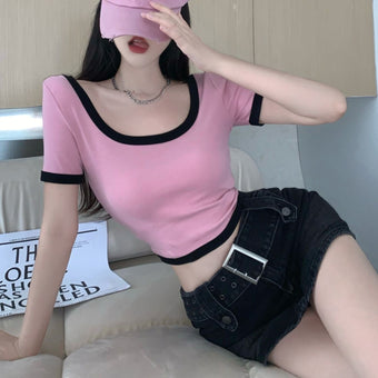 Pink U-Neck Crop Femboy T-Shirt