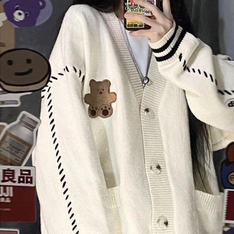 Femboy in WHite V Neck Bear Cardigan Sweater - Femboy Fashion