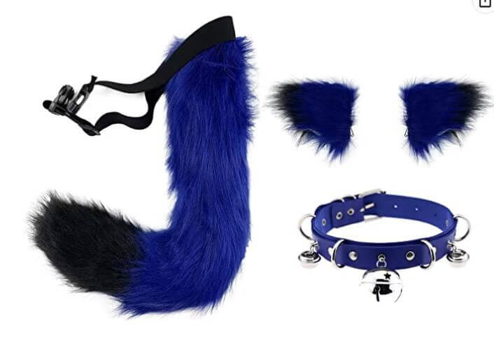 Dark Blue Fox Ears Clips And Tail With Collar Set - Femboy Fashion