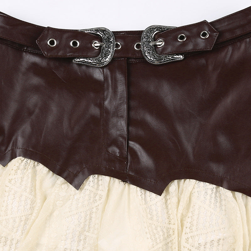 Dark Brown Leather Lace Irregular Skirt - Femboy Fashion