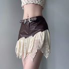 Dark Brown Leather Lace Irregular Skirt - Femboy Fashion