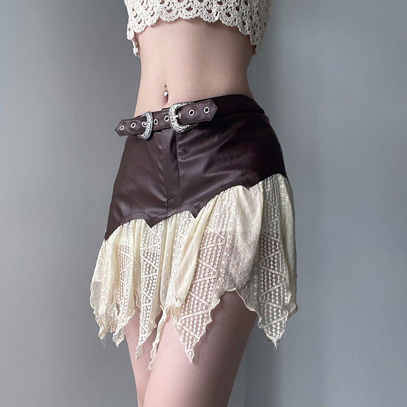 Dark Brown Leather Lace Irregular Skirt - Femboy Fashion