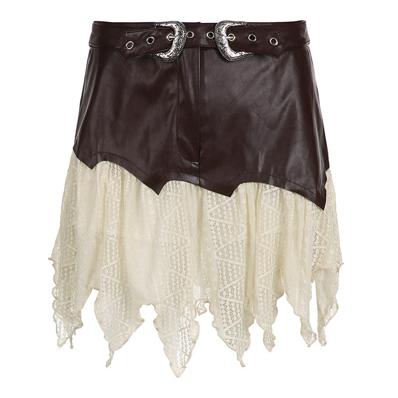 Dark Brown Leather Lace Irregular Skirt - Femboy Fashion