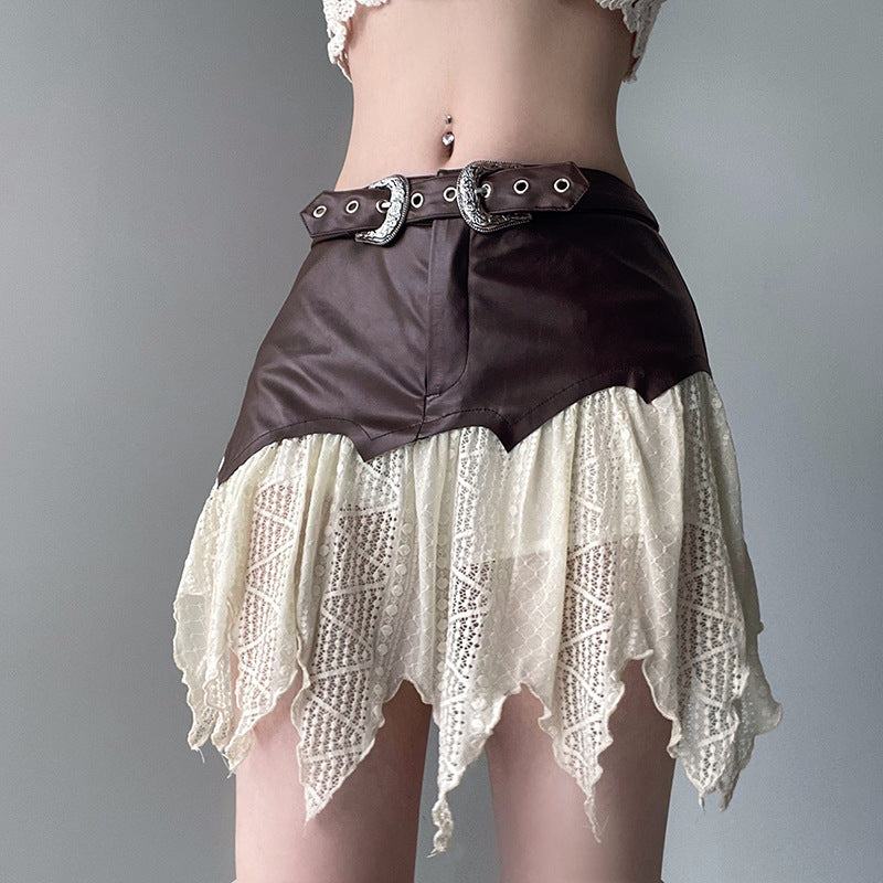 Dark Brown Leather Lace Irregular Skirt - Femboy Fashion