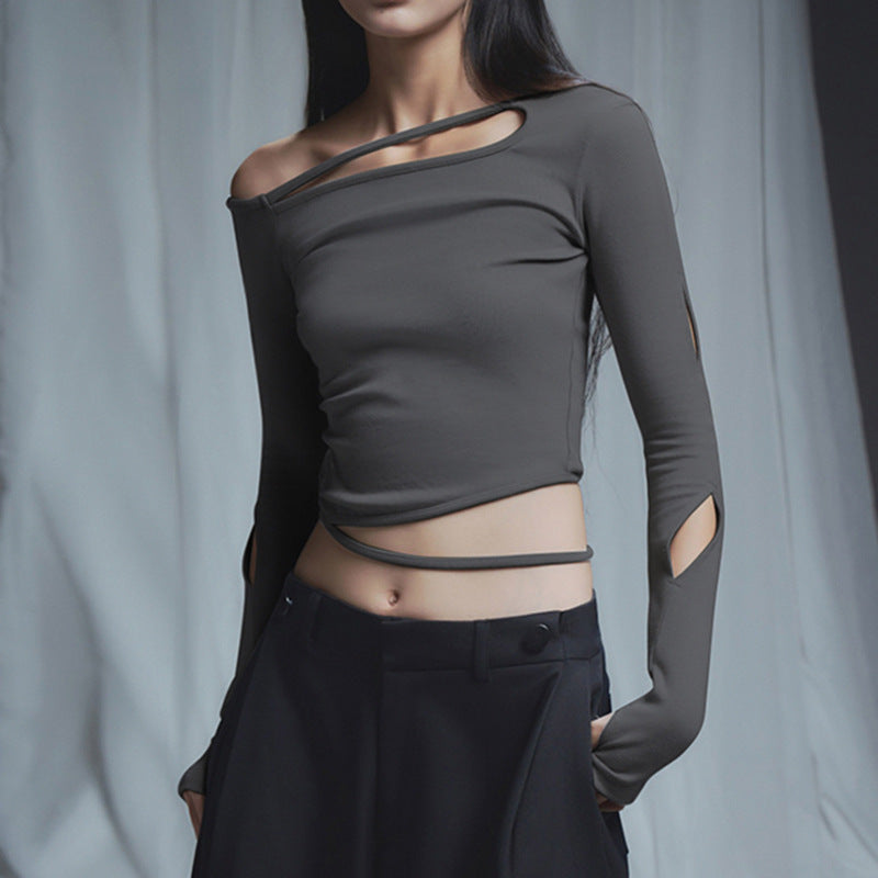 Dark Gray Off Shoulder Hollow Out Crop Top - Femboy Fashion