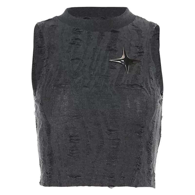 Black sleeveless distressed top with a star-shaped brooch on a white background
